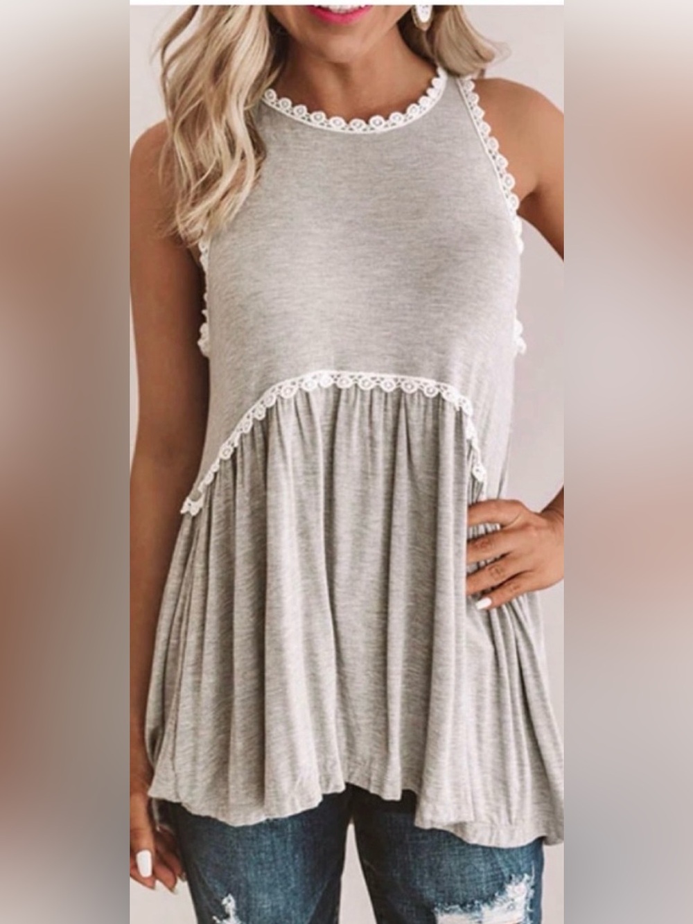 POL Lace-Trim Grey Swing Tank Top